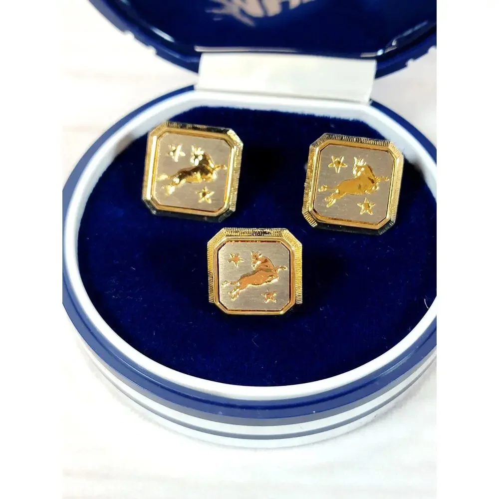 Taurus Cufflinks & Tie Tac Gold Toned With Case New Old Stock